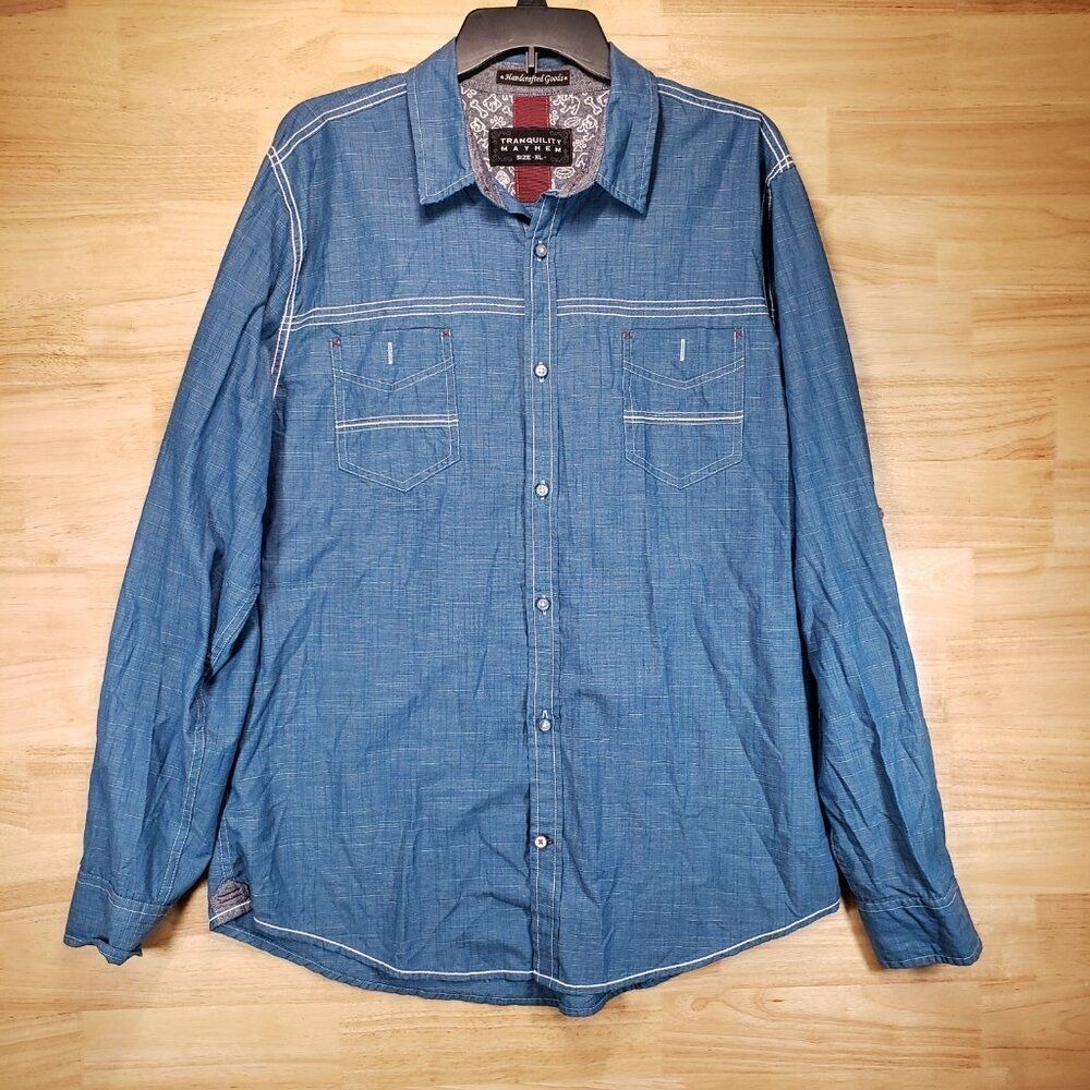 Tranquility Mayhem Men's‎ Denim Western Shirt XL Blue Long Sleeve Casual Button